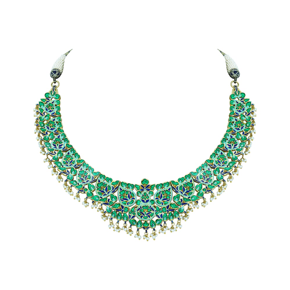 Polki Necklace with Blue Enamel and Layered Pearls